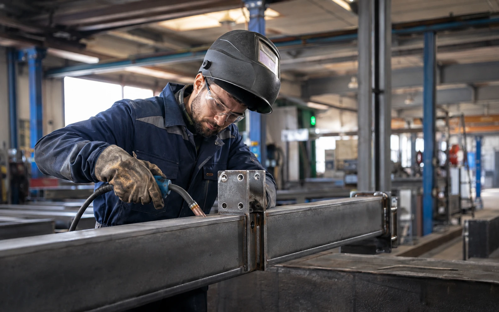 Metallbauer bei der Fertigung einer Stahlkonstruktion in der Werkstatt